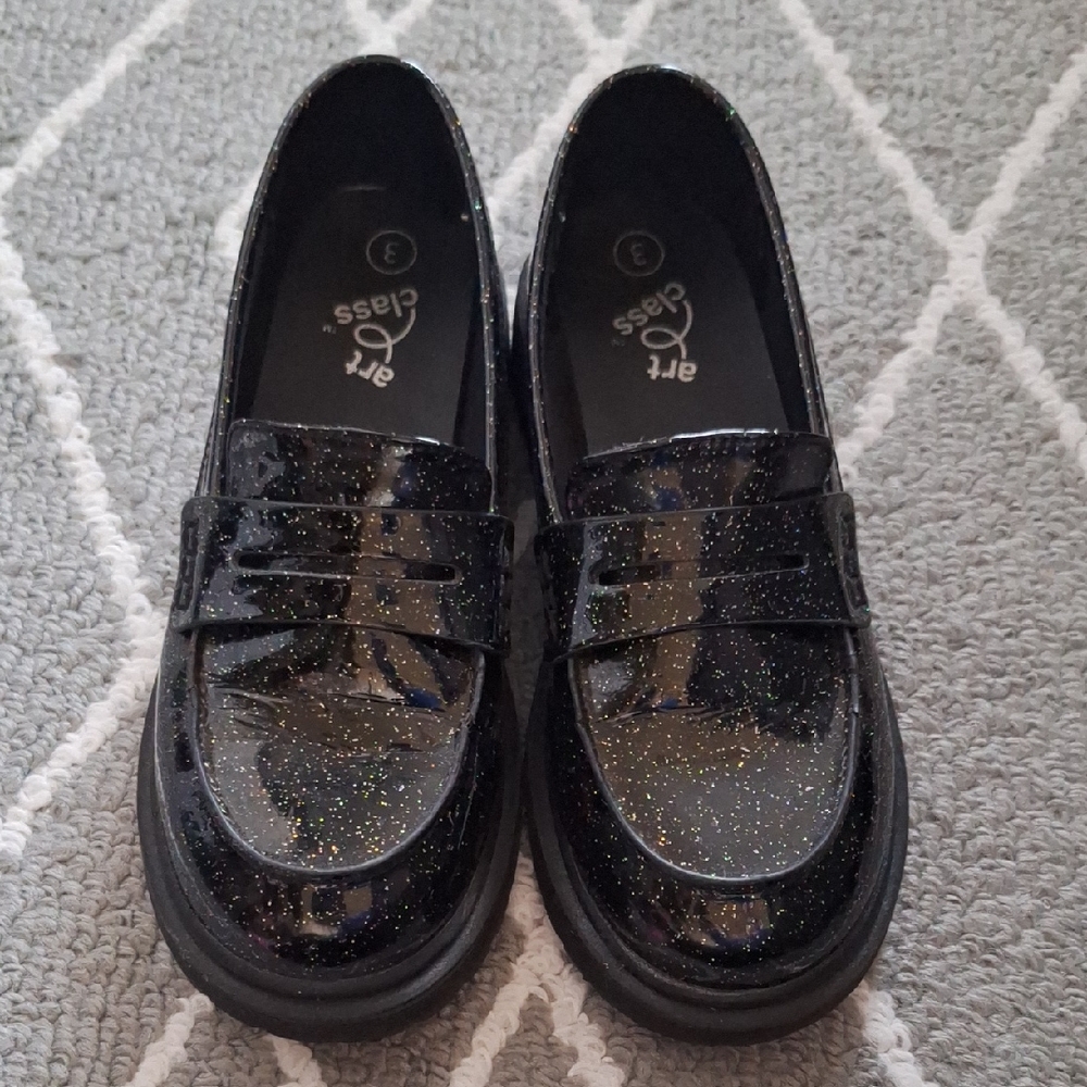 Art Class Kids Black Glitter Loafers 3y